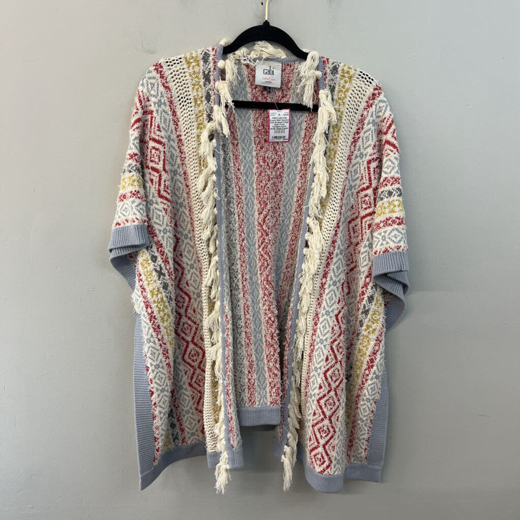 Cabi Cream Multi Sweater Knit Stripped Fringe Open Front Cardigan Extra Small/ Small