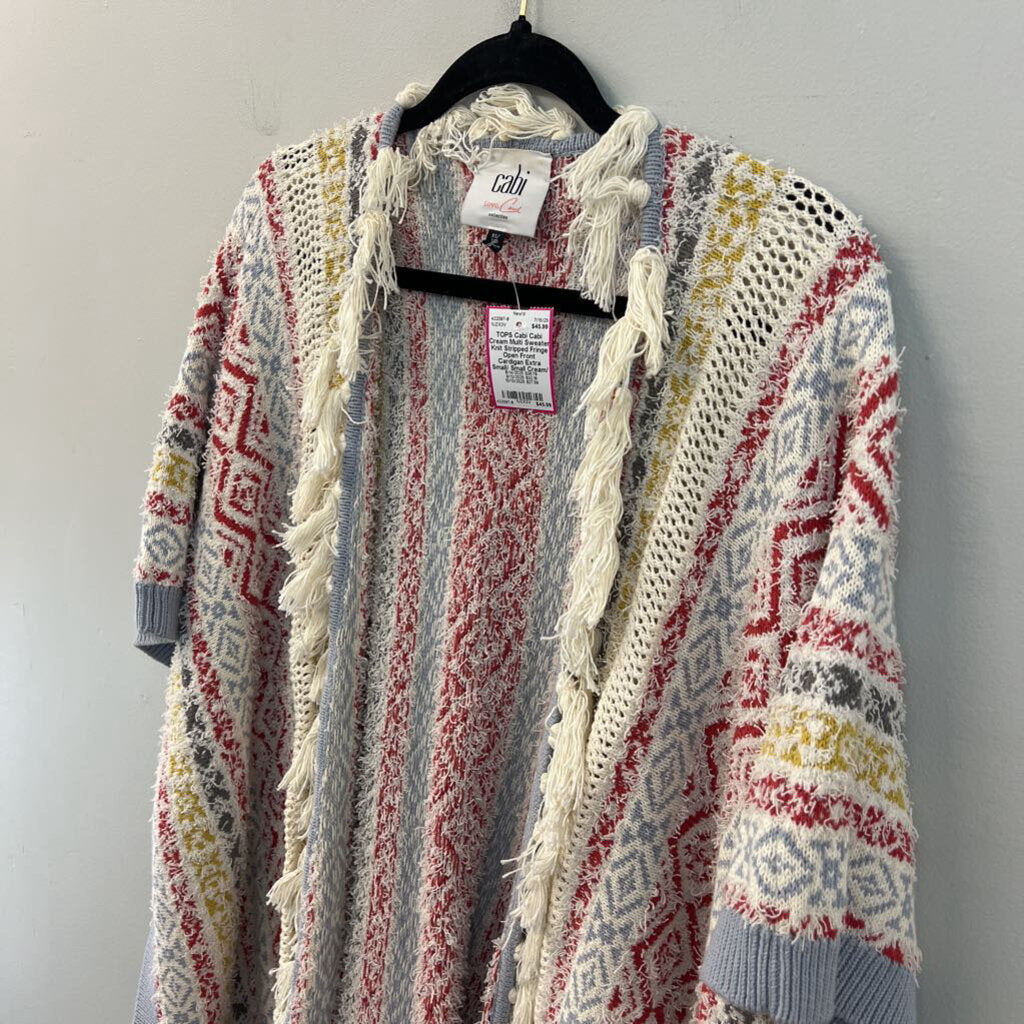 Cabi Cream Multi Sweater Knit Stripped Fringe Open Front Cardigan Extra Small/ Small
