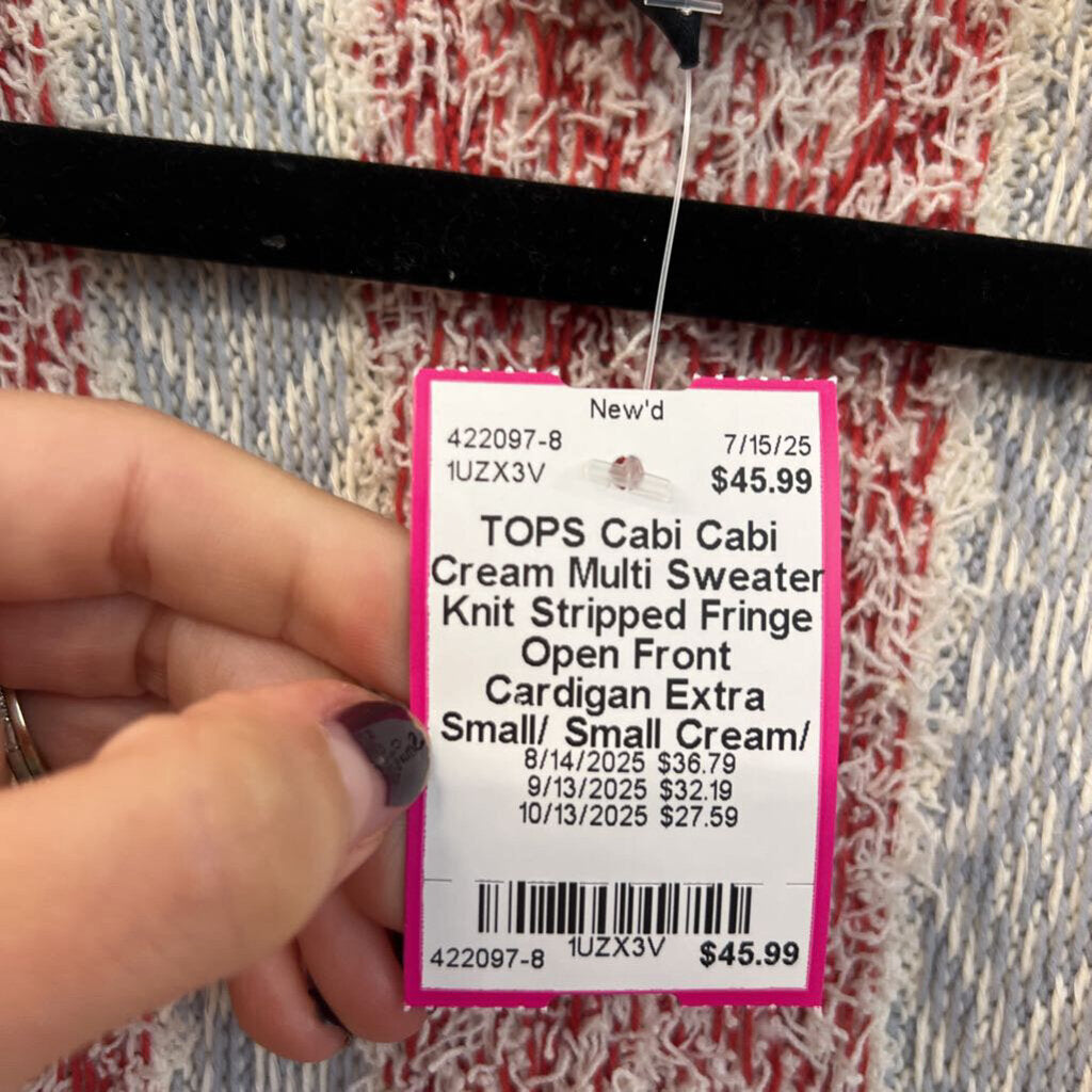 Cabi Cream Multi Sweater Knit Stripped Fringe Open Front Cardigan Extra Small/ Small