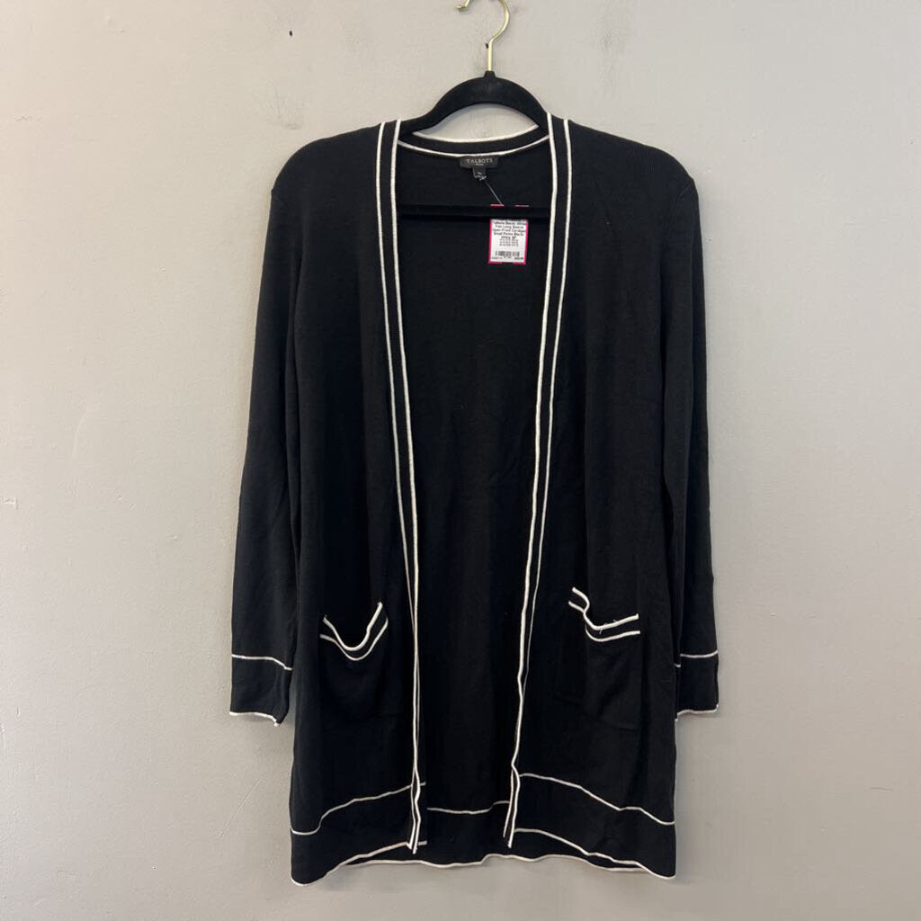Talbots Black/ Whtie Trim Long Sleeve Open Front Cardigan Small Petite
