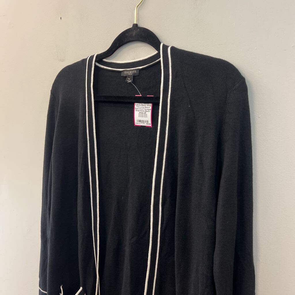 Talbots Black/ Whtie Trim Long Sleeve Open Front Cardigan Small Petite