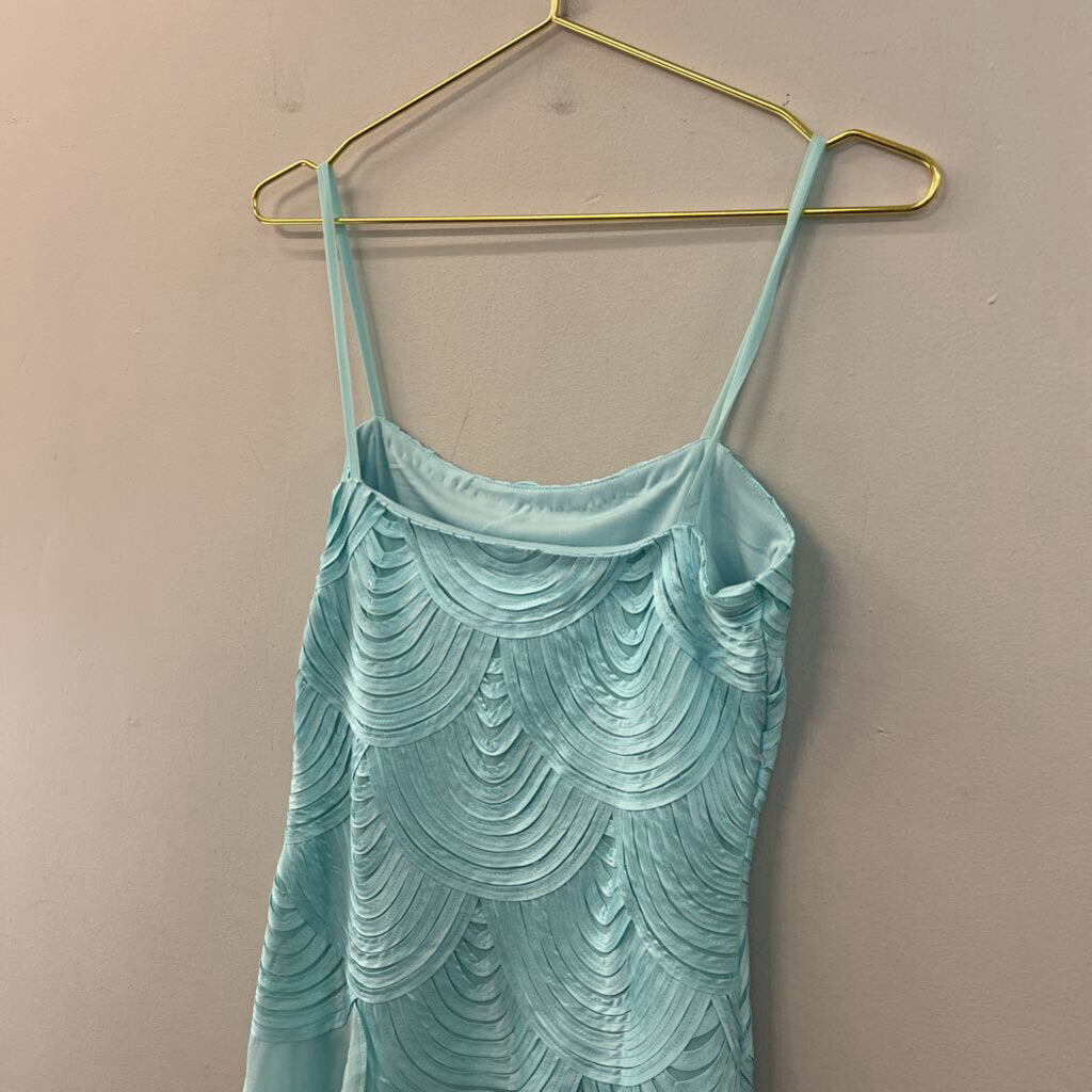 Hong Ni Blue Textured Top Ruffle Skirt Detail Dress Small