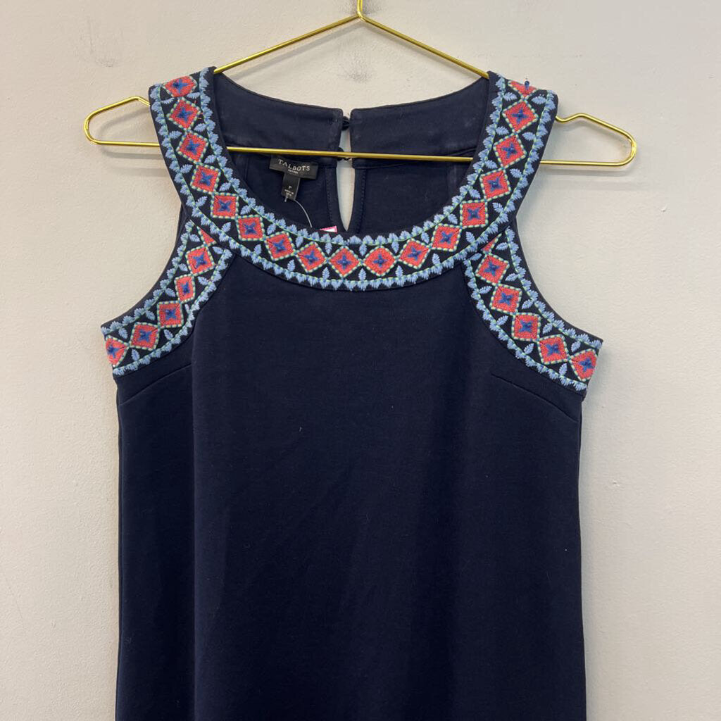 Talbots Navy/ Multi Embroidered Top Shift Dress Small Petite