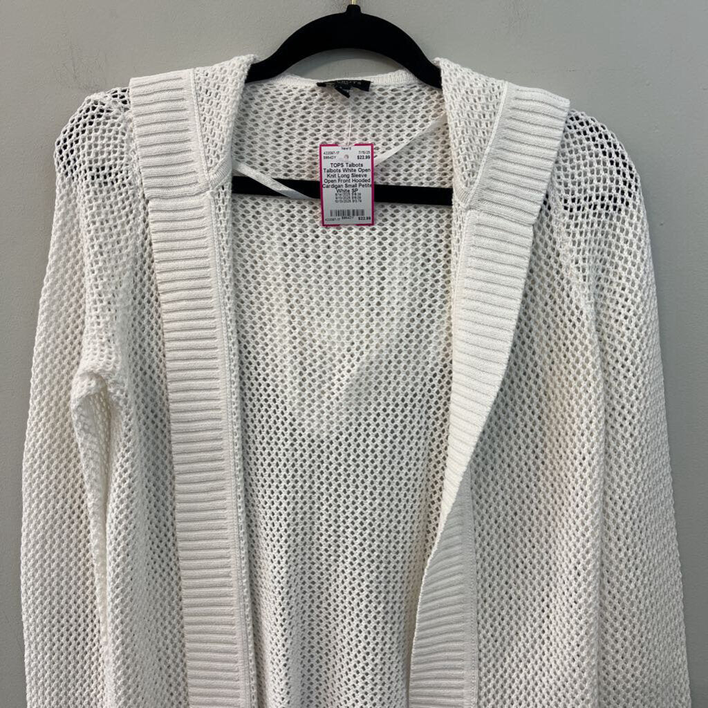 Talbots White Open Knit Long Sleeve Open Front Hooded Cardigan Small Petite