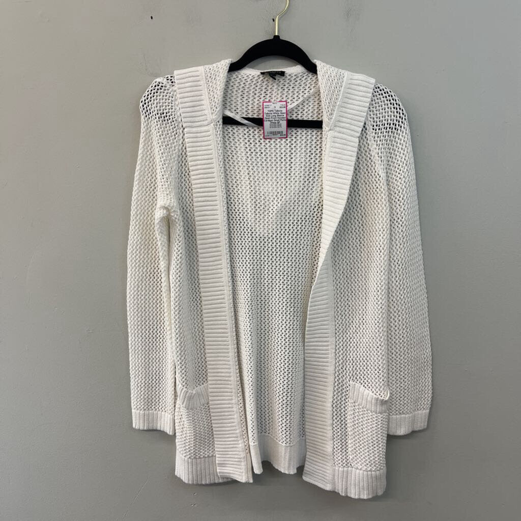 Talbots White Open Knit Long Sleeve Open Front Hooded Cardigan Small Petite