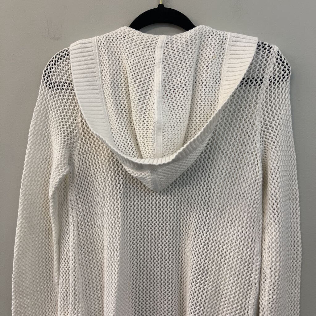 Talbots White Open Knit Long Sleeve Open Front Hooded Cardigan Small Petite