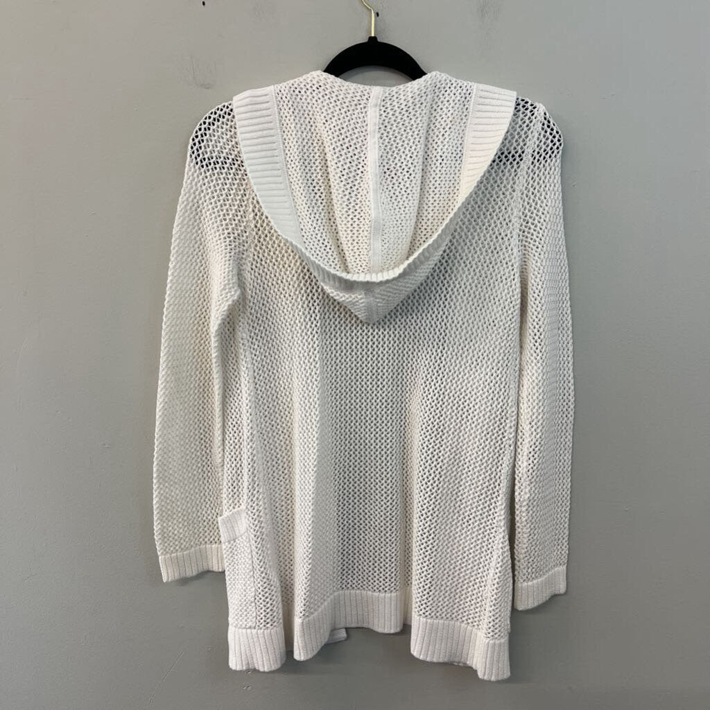 Talbots White Open Knit Long Sleeve Open Front Hooded Cardigan Small Petite