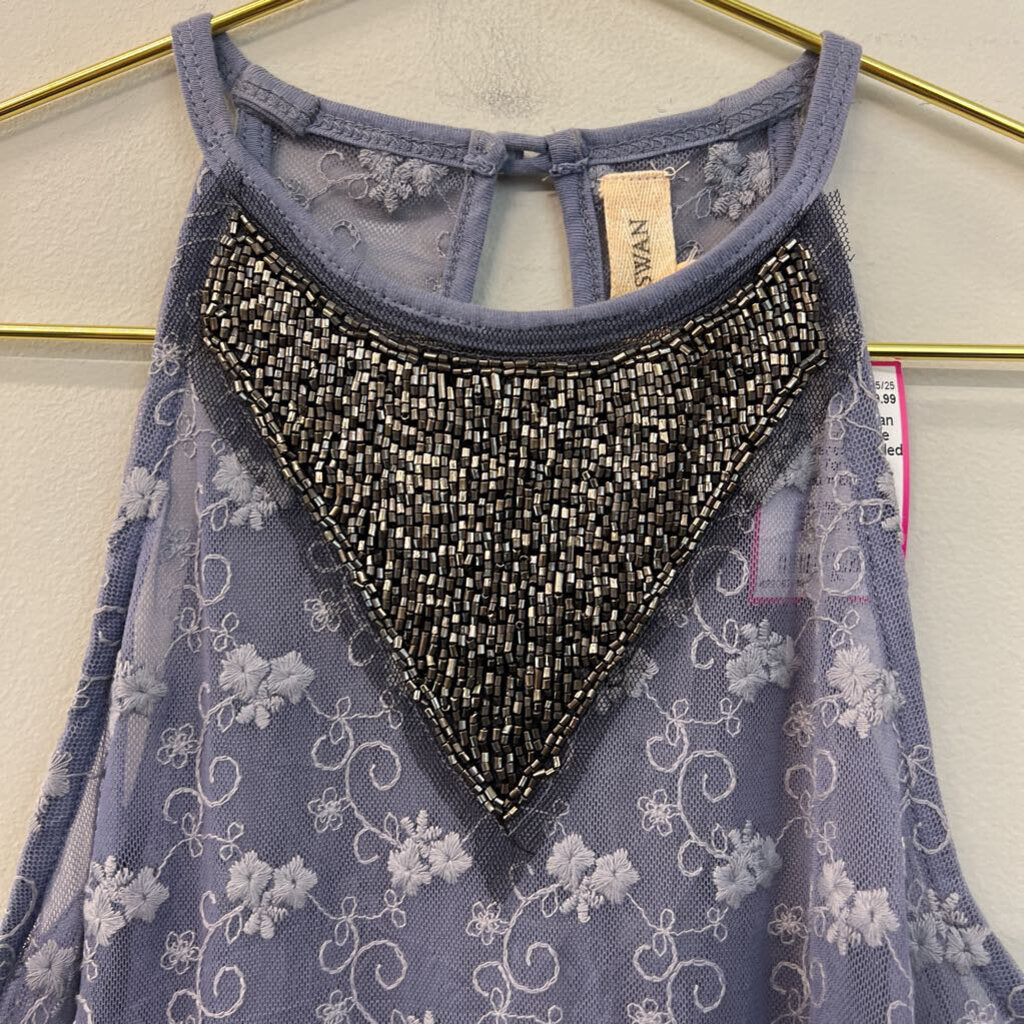 Black Swan Blue Embroidered Beaded Neck Tank Top Medium