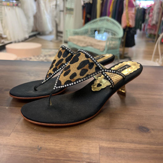 Beverly Feldman Black/ Brown Leopard Print Slip On Lalla Heels 6