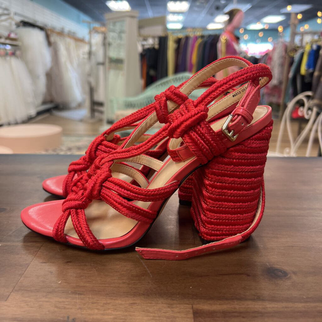 Cabi Red Woven Tiptoe Strappy Block Heels 7