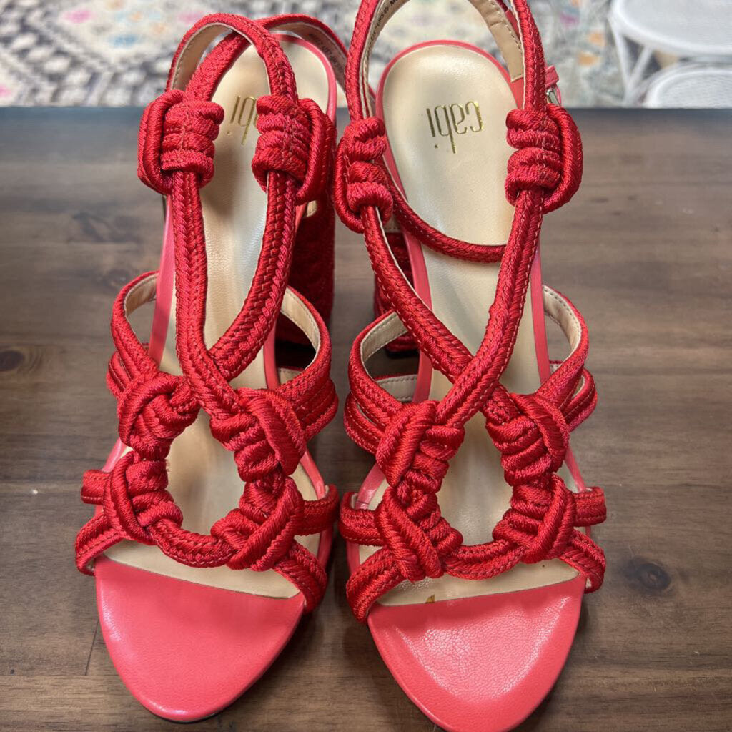 Cabi Red Woven Tiptoe Strappy Block Heels 7