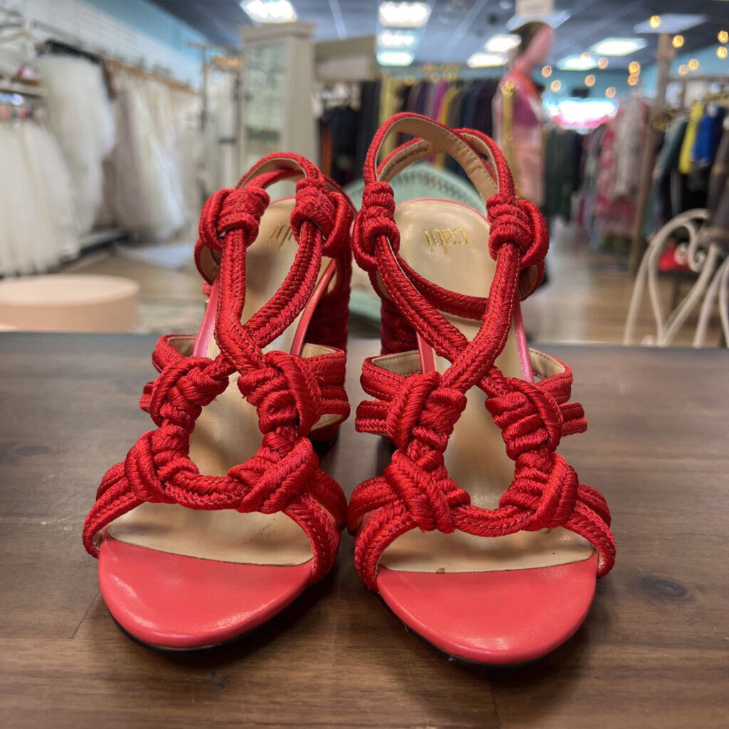 Cabi Red Woven Tiptoe Strappy Block Heels 7