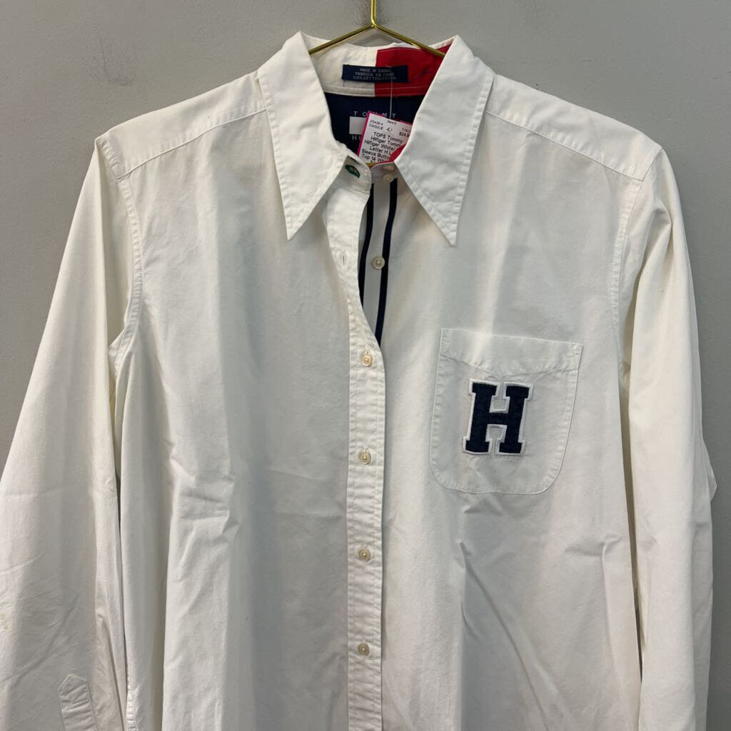 Tommy Hilfiger White/ Navy Letter H Long Sleeve Button Down Top 14