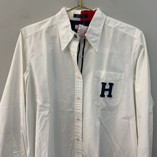 Tommy Hilfiger White/ Navy Letter H Long Sleeve Button Down Top 14