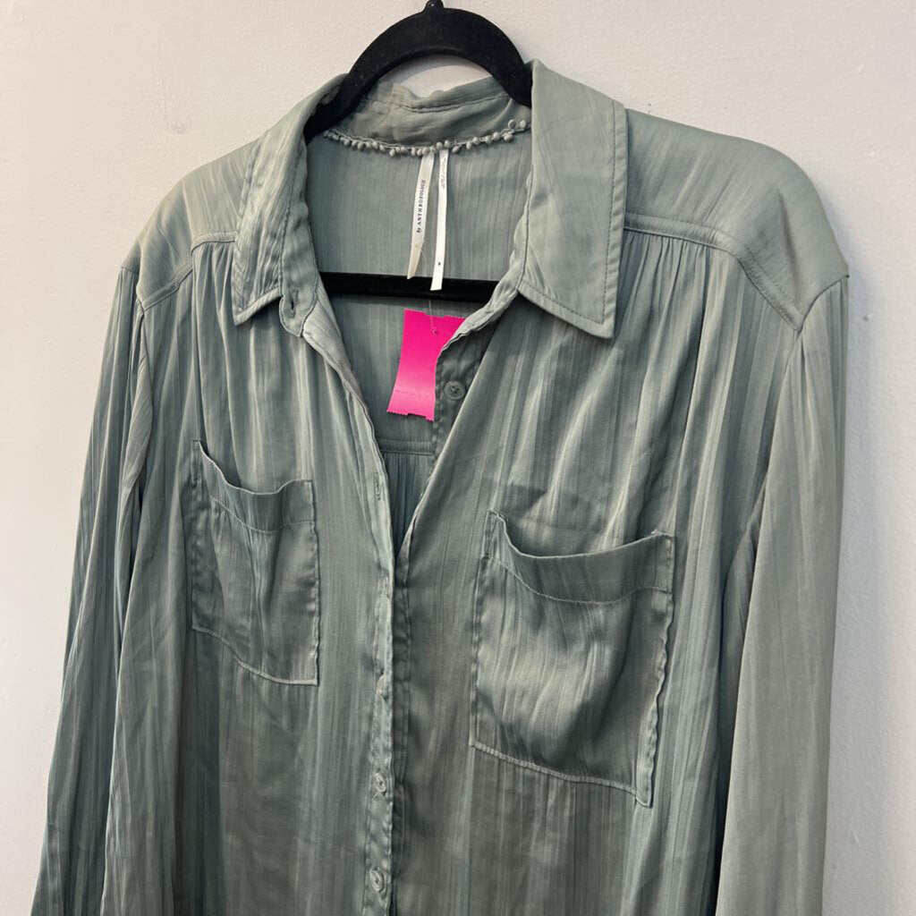 Anthropologie Green Silky Long Sleeve Button Down Top Medium
