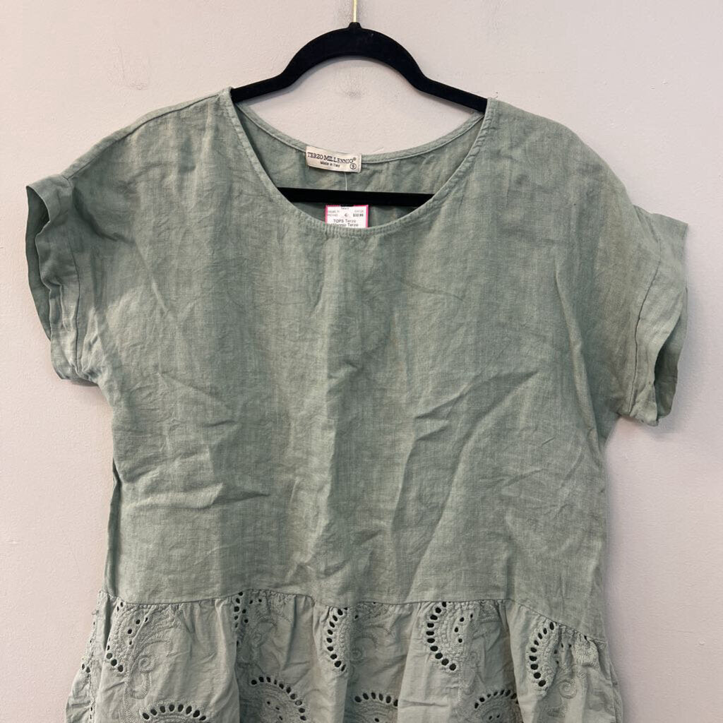 Terzo Millennio Green Linen Eyelet Trim Short Sleeve Top Small