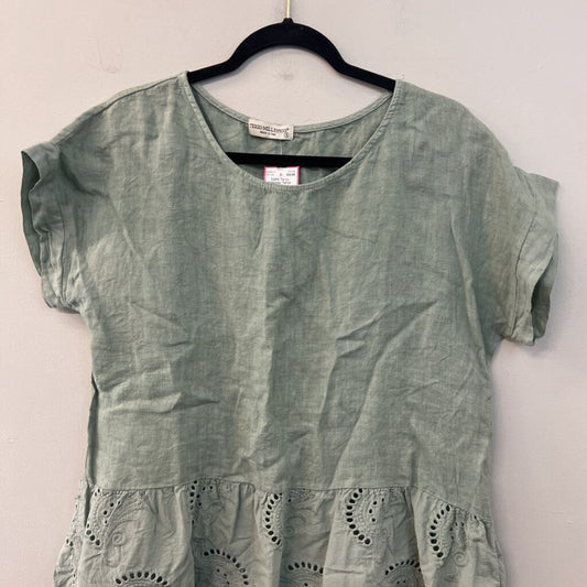 Terzo Millennio Green Linen Eyelet Trim Short Sleeve Top Small