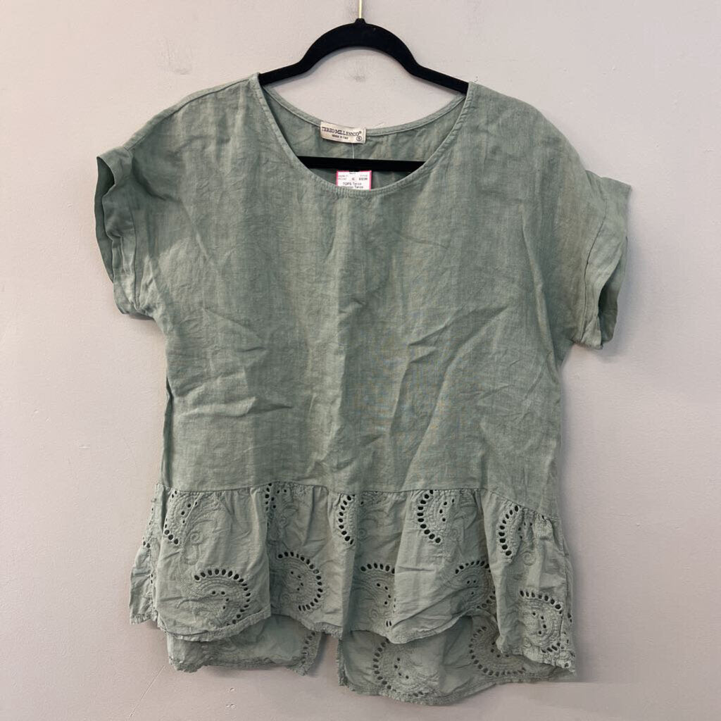 Terzo Millennio Green Linen Eyelet Trim Short Sleeve Top Small