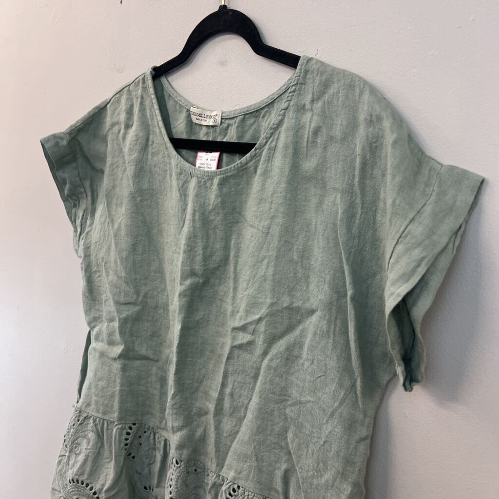 Terzo Millennio Green Linen Eyelet Trim Short Sleeve Top Small
