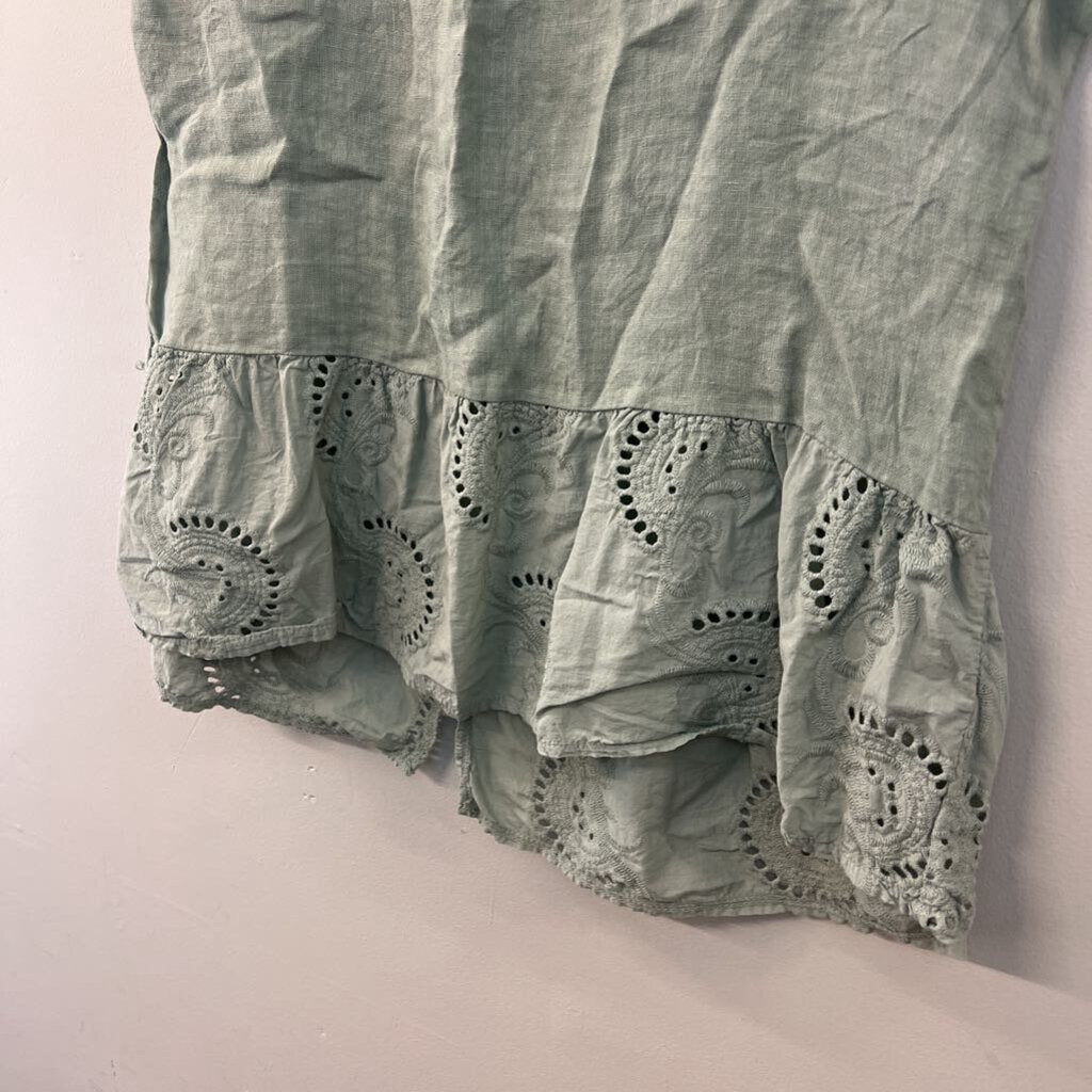 Terzo Millennio Green Linen Eyelet Trim Short Sleeve Top Small