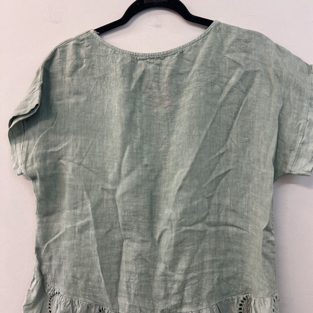 Terzo Millennio Green Linen Eyelet Trim Short Sleeve Top Small