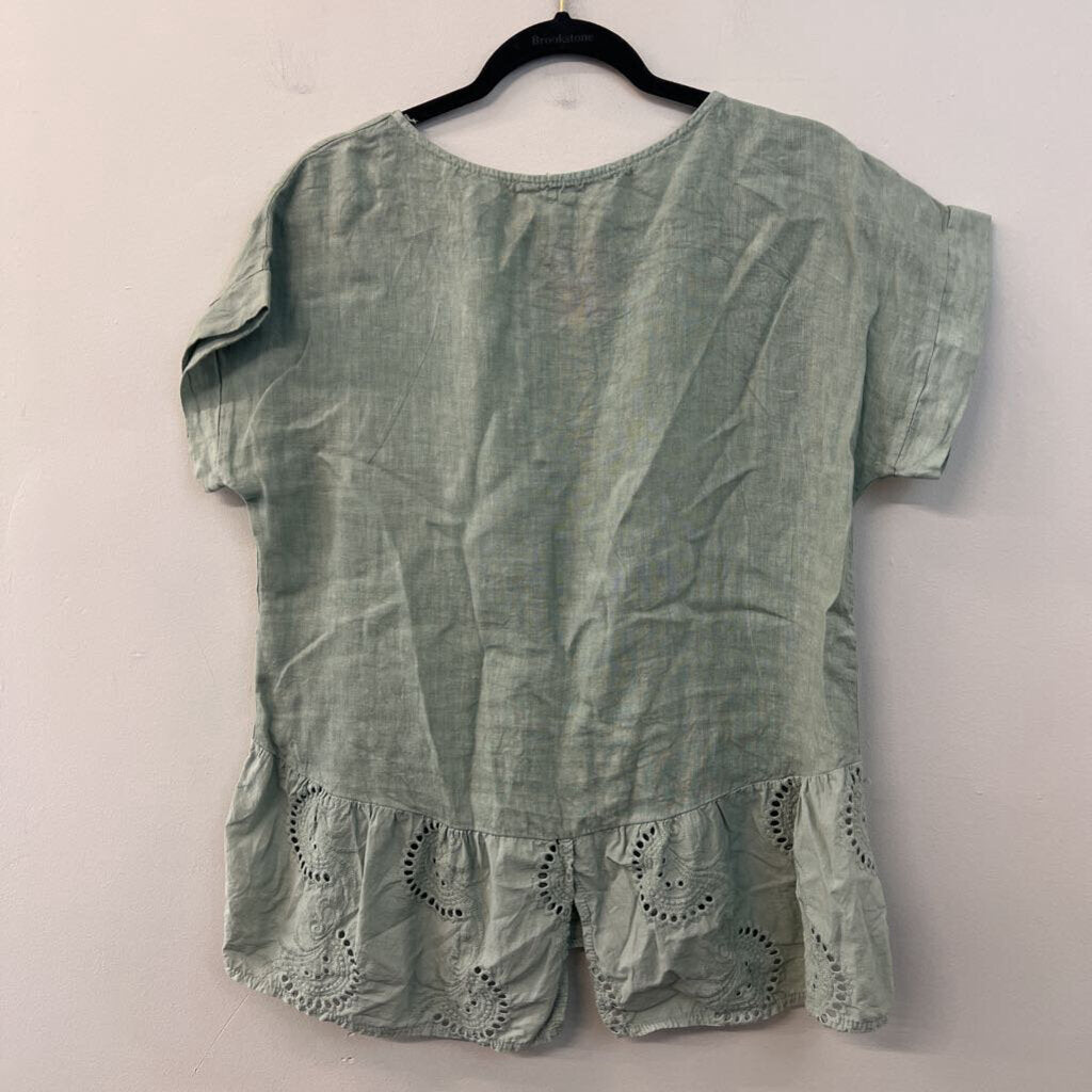 Terzo Millennio Green Linen Eyelet Trim Short Sleeve Top Small