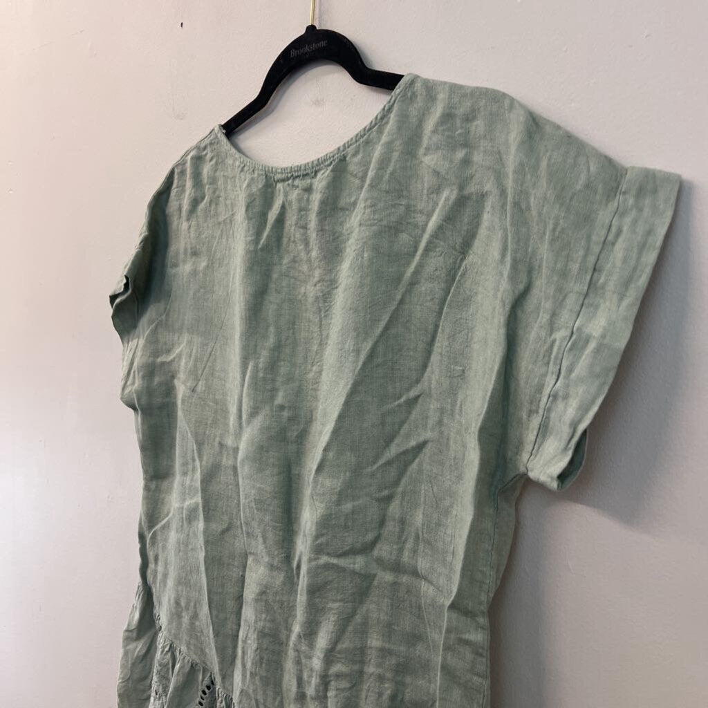 Terzo Millennio Green Linen Eyelet Trim Short Sleeve Top Small
