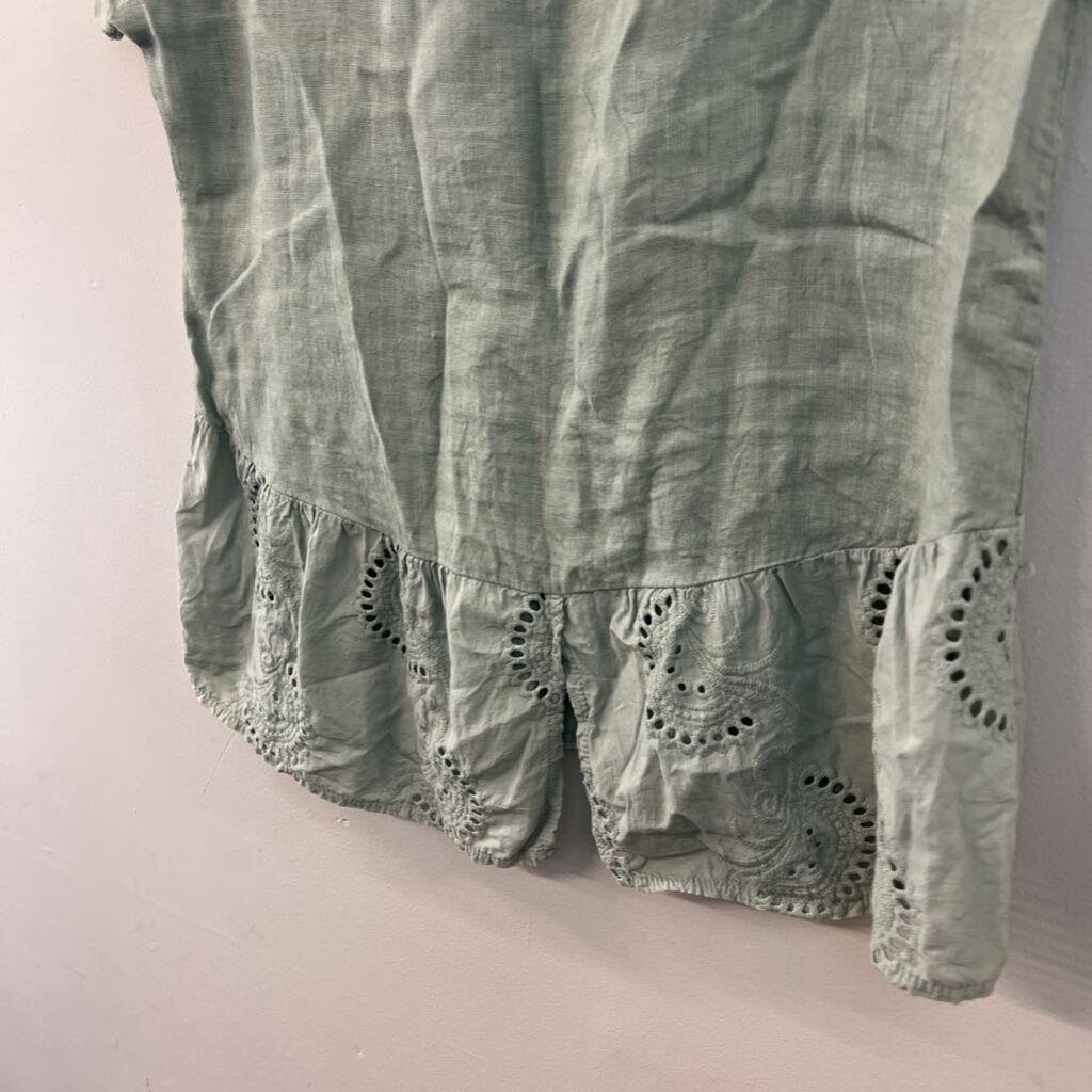 Terzo Millennio Green Linen Eyelet Trim Short Sleeve Top Small