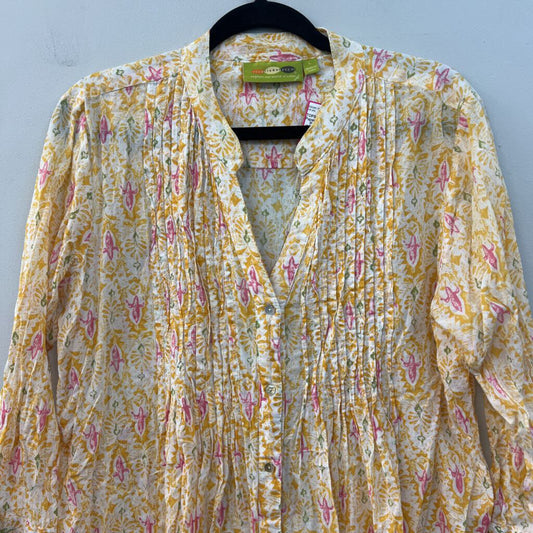 Rock Flower Paper White/ Yellow Print Long Sleeve Button Front Top Large