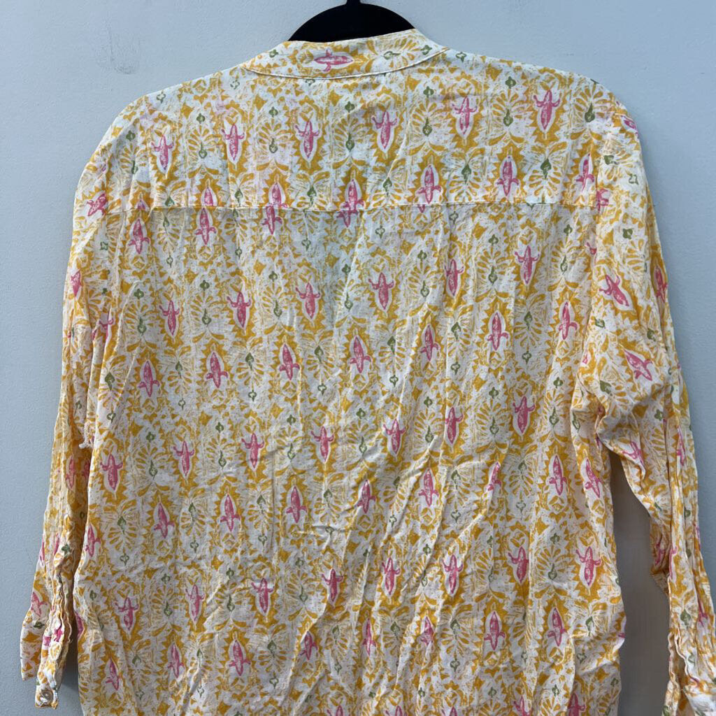 Rock Flower Paper White/ Yellow Print Long Sleeve Button Front Top Large