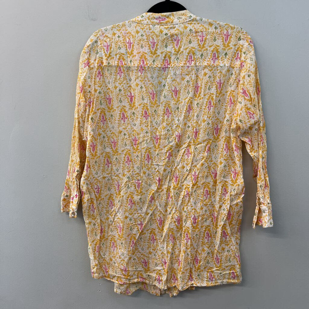 Rock Flower Paper White/ Yellow Print Long Sleeve Button Front Top Large