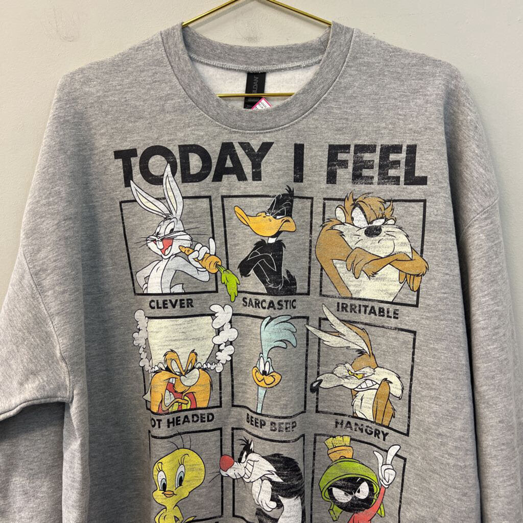 Gildan Grey/ Multi Looney Tunes Long Sleeve Graphic Pullover Extra Large