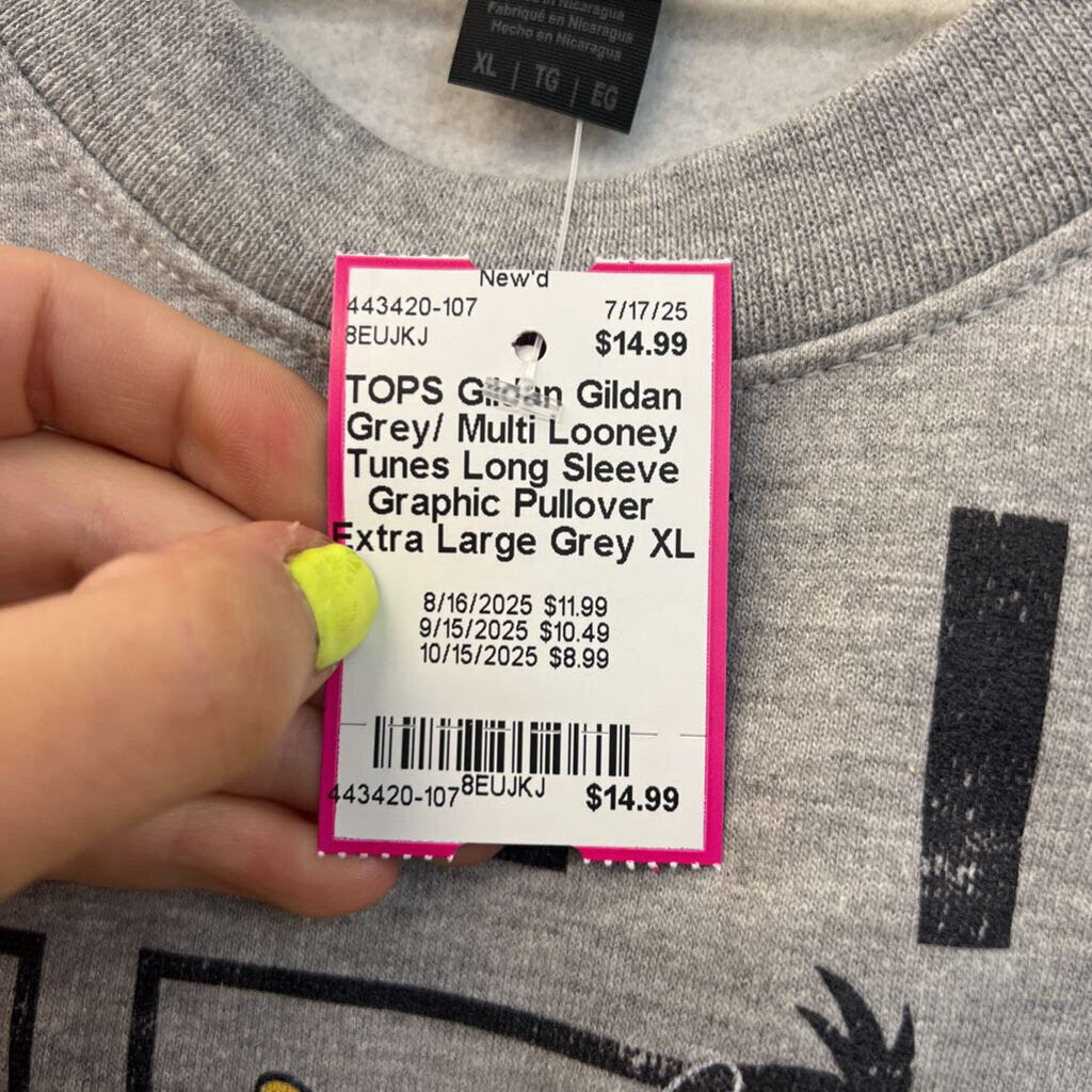 Gildan Grey/ Multi Looney Tunes Long Sleeve Graphic Pullover Extra Large