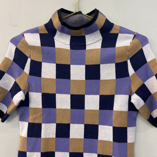 Maeve Purple/ Multi Checkered Mock Neck Short Sleeve Top Small