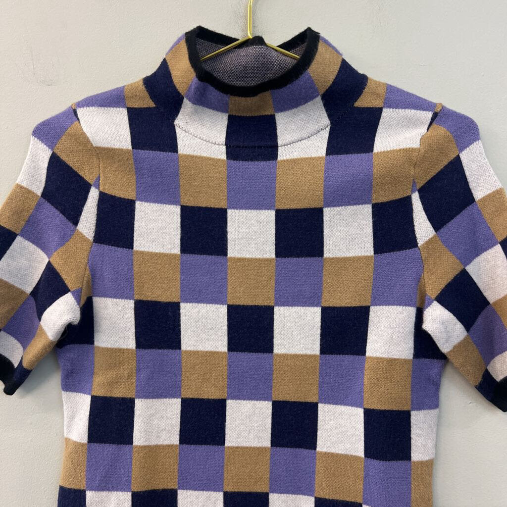 Maeve Purple/ Multi Checkered Mock Neck Short Sleeve Top Small