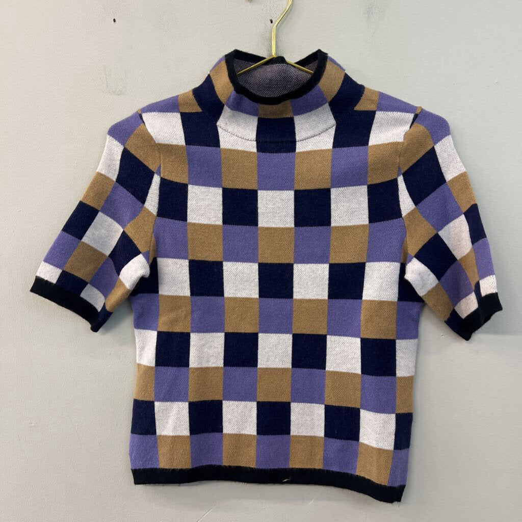 Maeve Purple/ Multi Checkered Mock Neck Short Sleeve Top Small