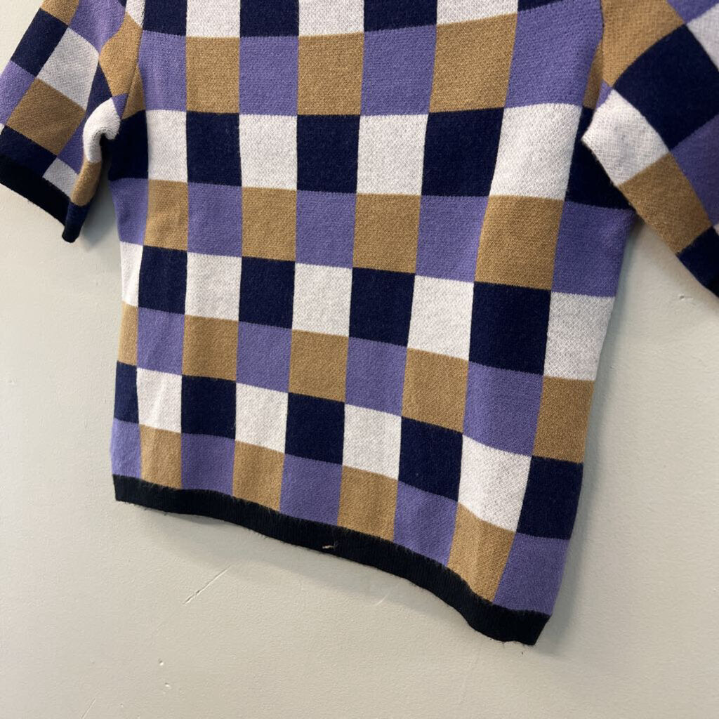 Maeve Purple/ Multi Checkered Mock Neck Short Sleeve Top Small