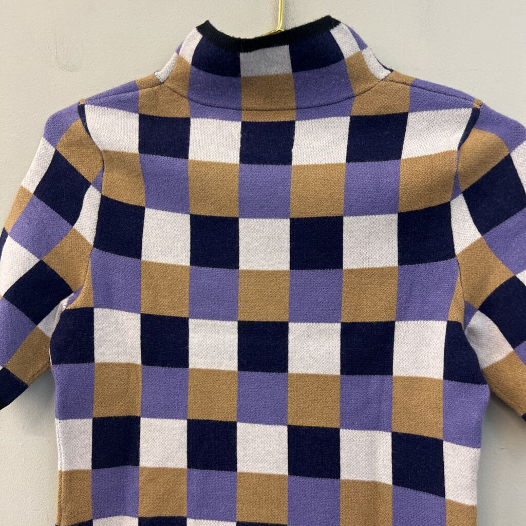 Maeve Purple/ Multi Checkered Mock Neck Short Sleeve Top Small