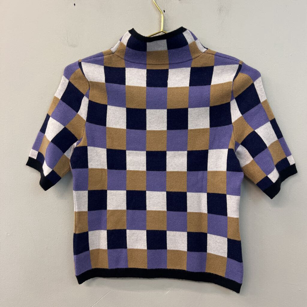 Maeve Purple/ Multi Checkered Mock Neck Short Sleeve Top Small