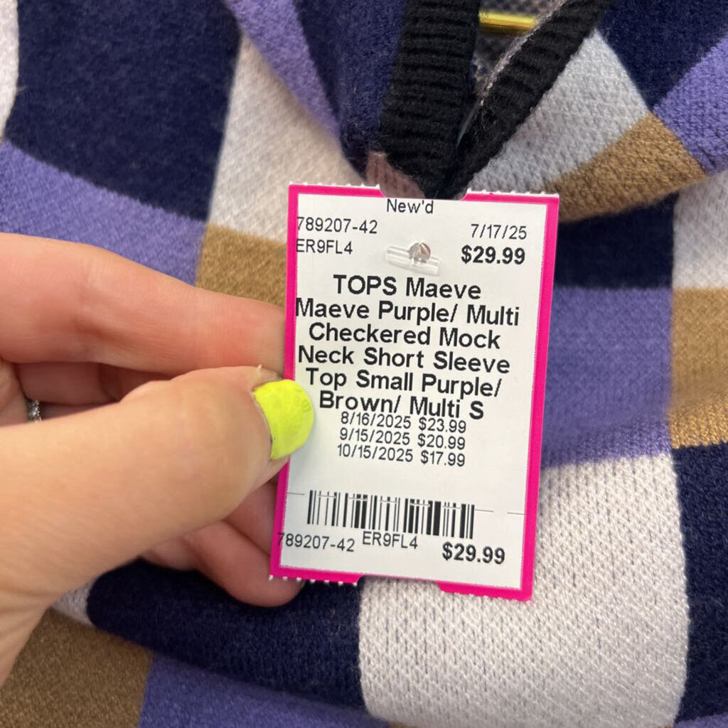 Maeve Purple/ Multi Checkered Mock Neck Short Sleeve Top Small