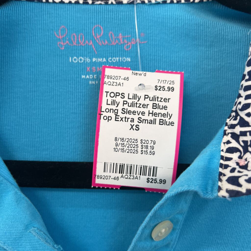 Lilly Pulitzer Blue Long Sleeve Henely Top Extra Small