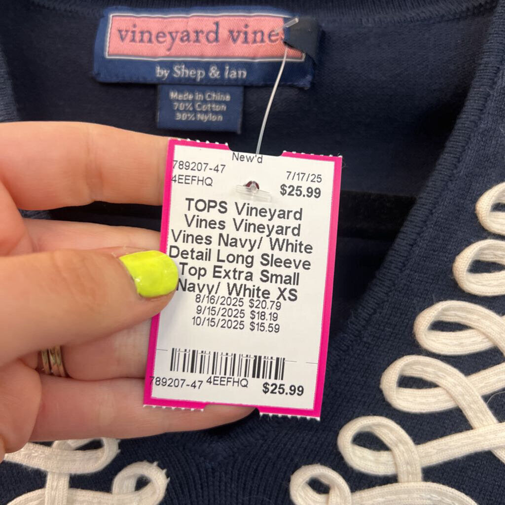Vineyard Vines Navy/ White Detail Long Sleeve Top Extra Small