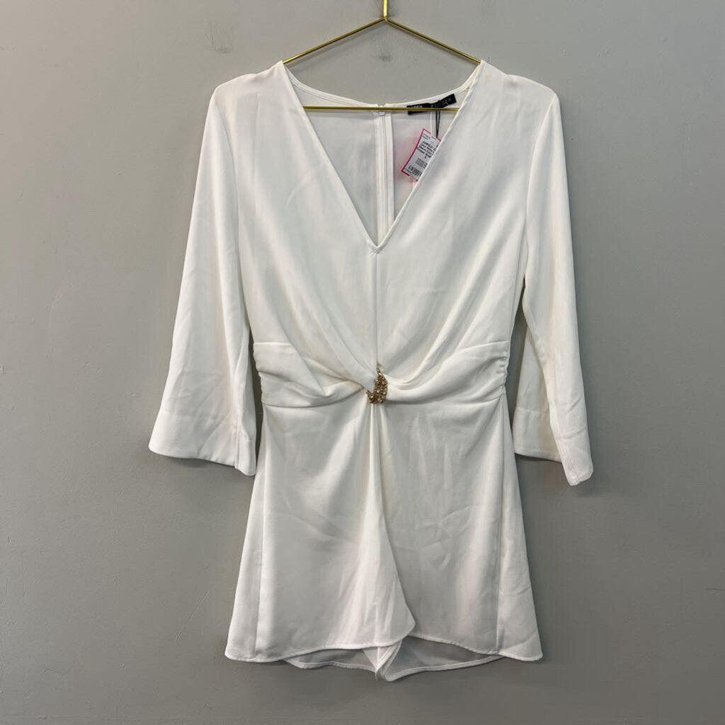 Zara White Long Sleeve Knot Front Romper Small