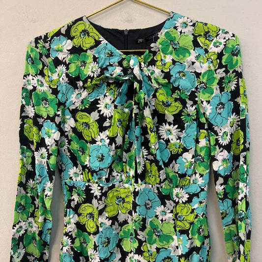 Zara Black/ Green/ Blue Flower Print Long Sleeve Bodysuit Small