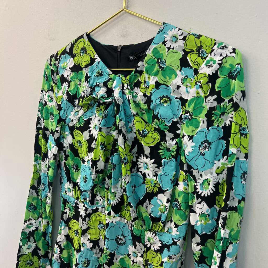 Zara Black/ Green/ Blue Flower Print Long Sleeve Bodysuit Small