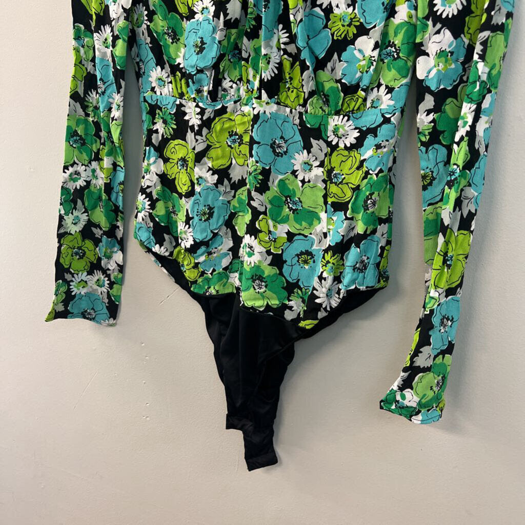 Zara Black/ Green/ Blue Flower Print Long Sleeve Bodysuit Small