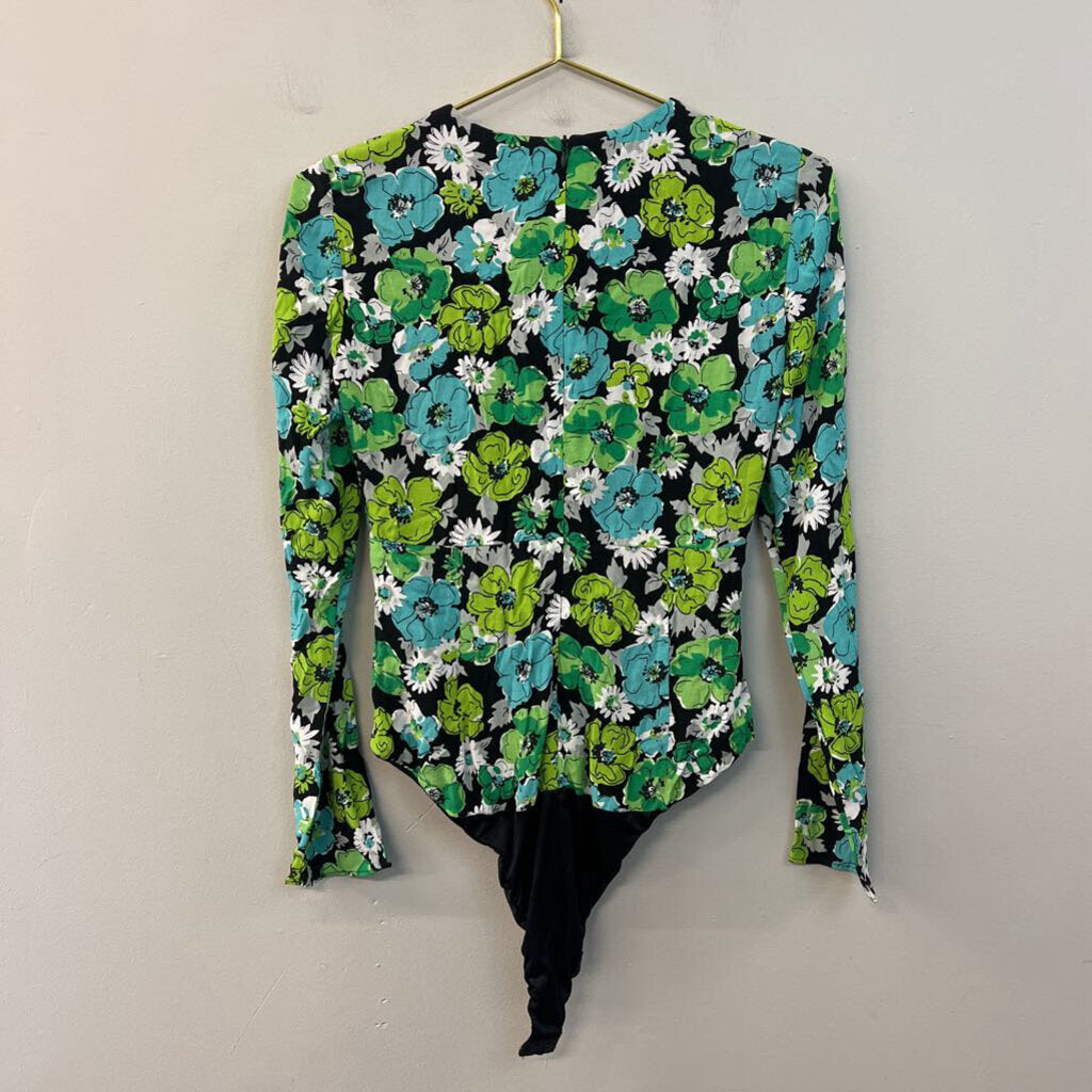 Zara Black/ Green/ Blue Flower Print Long Sleeve Bodysuit Small