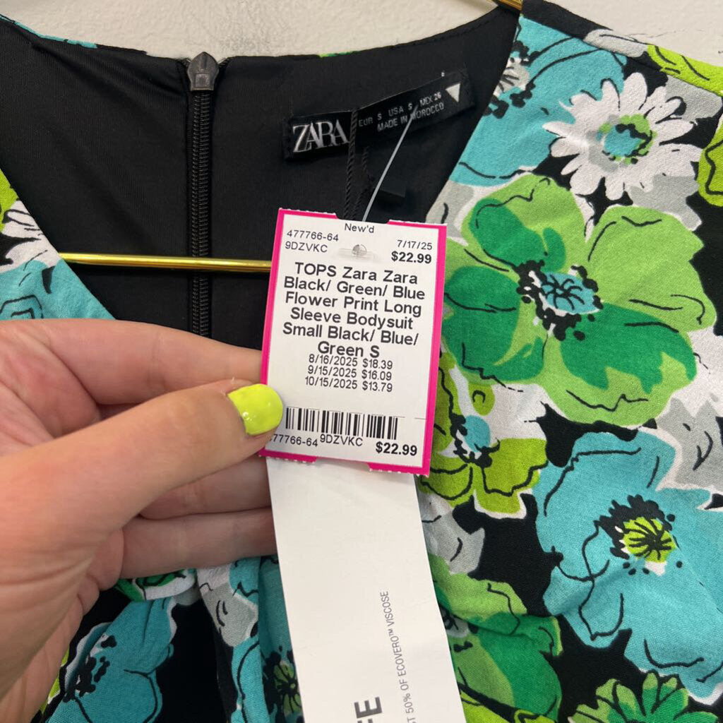 Zara Black/ Green/ Blue Flower Print Long Sleeve Bodysuit Small