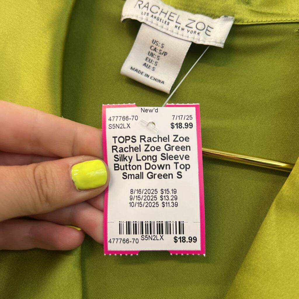 Rachel Zoe Green Silky Long Sleeve Button Down Top Small