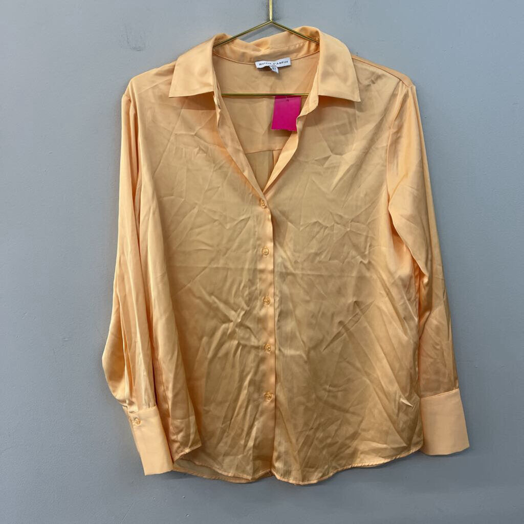 Maison d'Amelie Orange Silky Long Sleeve Button Down Top Small